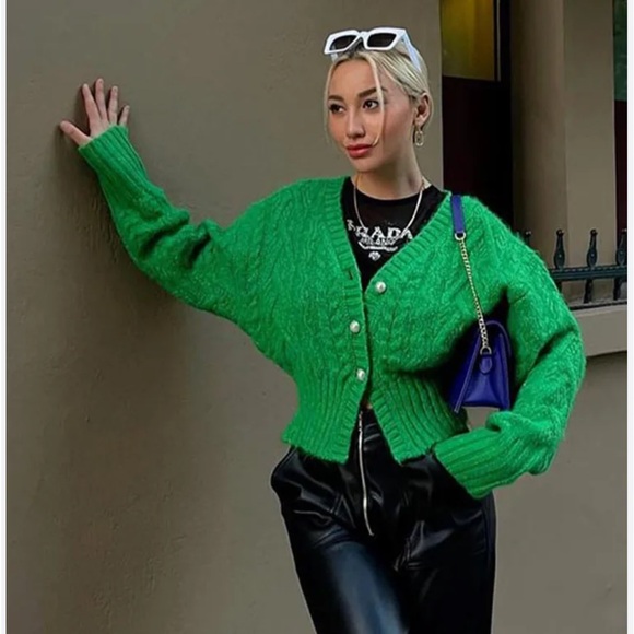 ZARA Alpaca Wool Green Cable Knit Pearl Rhinestones Button Cardigan Sweater